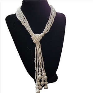 Faux Pearls Beaded Multi Strings Statement Necklace Adjustable Knot Vintage Boho